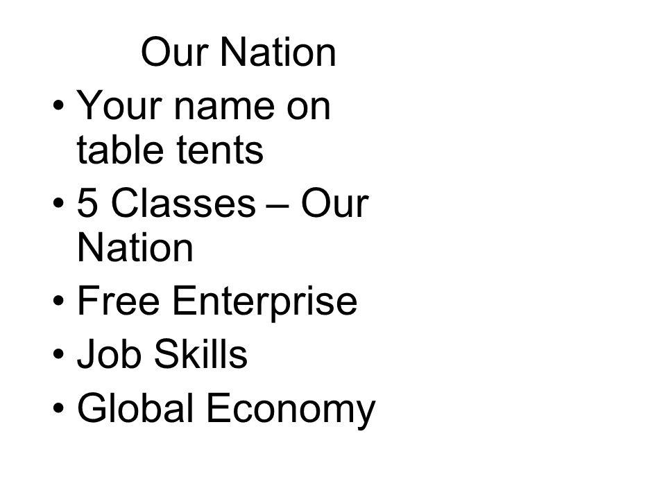 Our Nation Your name on table tents 5 Classes – Our Nation Free Enterprise Job Skills Global Economy