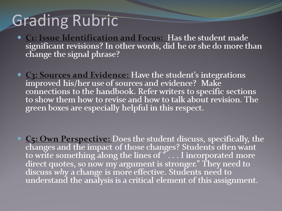 Grading Rubric C1: Issue Identification and Focus: Has the student made significant revisions.