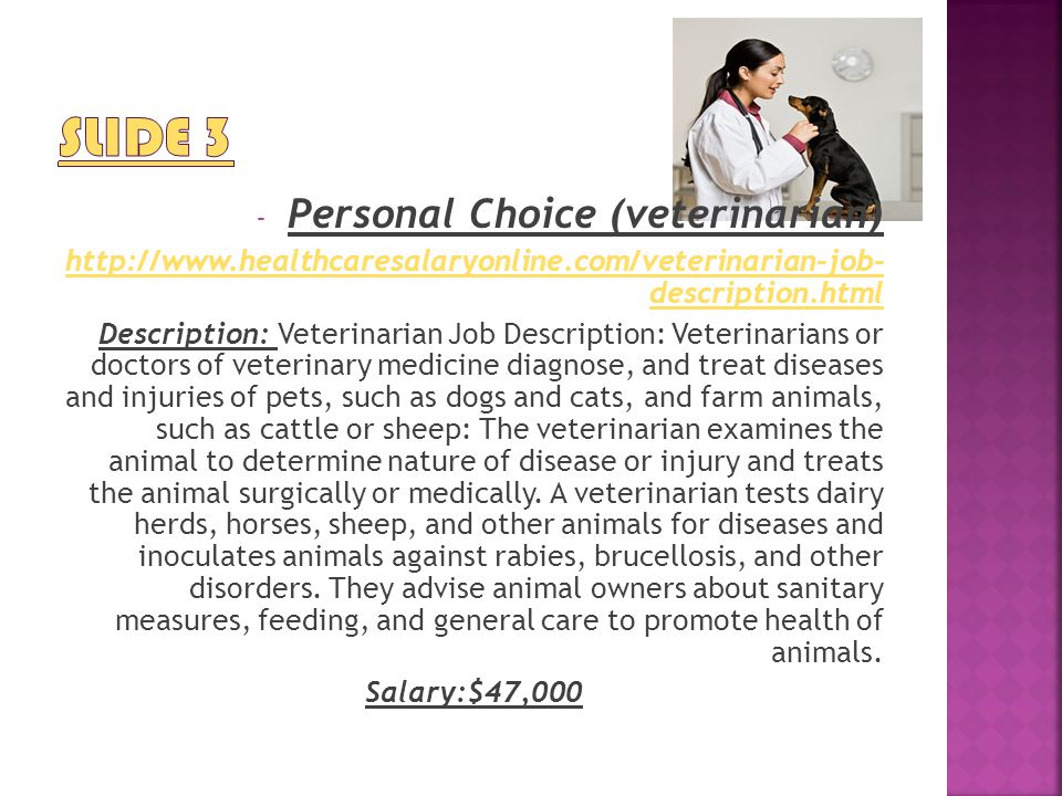 - Personal Choice (veterinarian)   description.html Description: Veterinarian Job Description: Veterinarians or doctors of veterinary medicine diagnose, and treat diseases and injuries of pets, such as dogs and cats, and farm animals, such as cattle or sheep: The veterinarian examines the animal to determine nature of disease or injury and treats the animal surgically or medically.