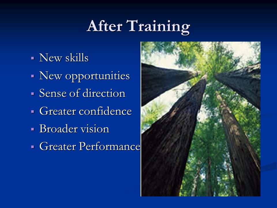 After Training  New skills  New opportunities  Sense of direction  Greater confidence  Broader vision  Greater Performance