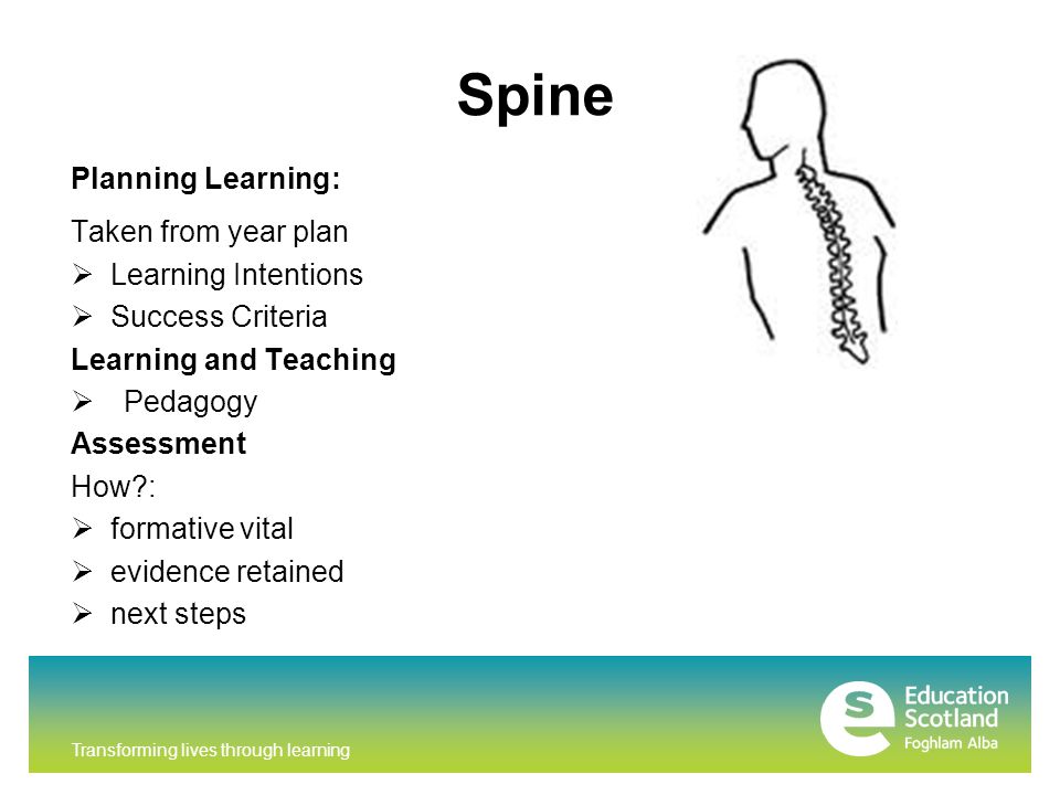 Transforming lives through learning Spine Planning Learning: Taken from year plan  Learning Intentions  Success Criteria Learning and Teaching  Pedagogy Assessment How :  formative vital  evidence retained  next steps