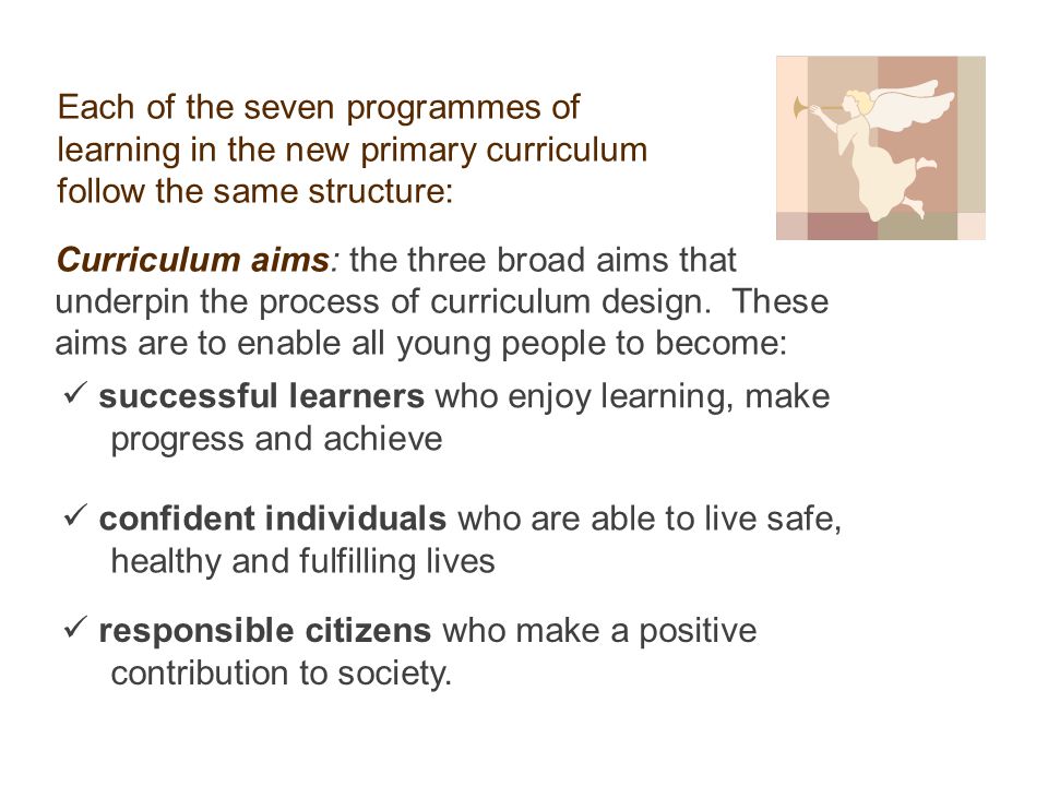 Each of the seven programmes of learning in the new primary curriculum follow the same structure: Curriculum aims: the three broad aims that underpin the process of curriculum design.