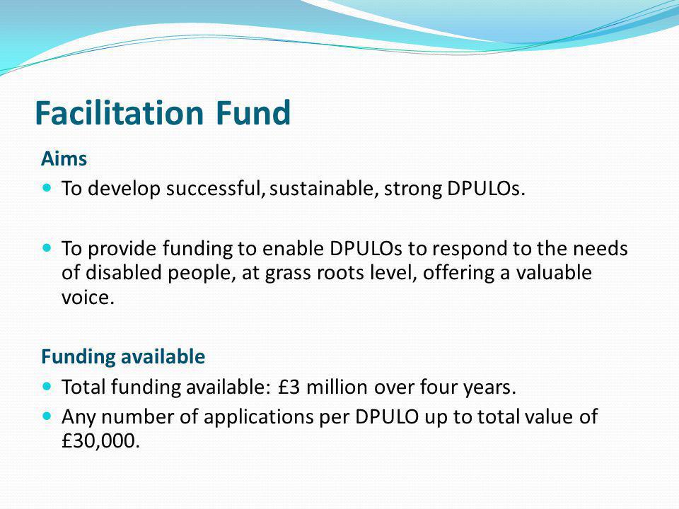Facilitation Fund Aims To develop successful, sustainable, strong DPULOs.