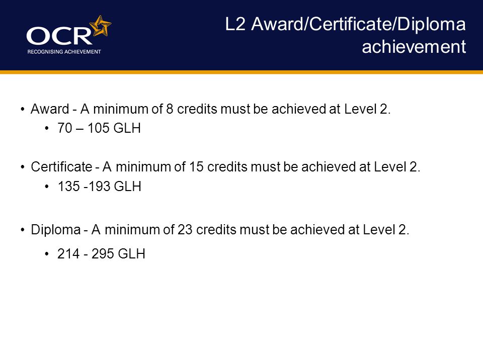 L2 Award/Certificate/Diploma achievement Award - A minimum of 8 credits must be achieved at Level 2.
