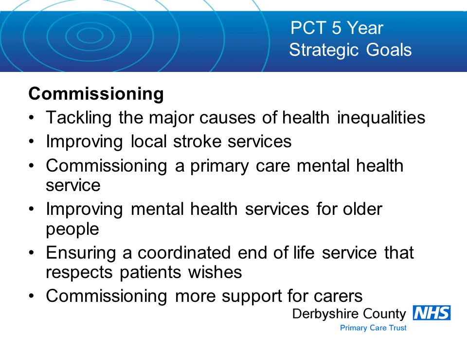 Commissioning Tackling the major causes of health inequalities Improving local stroke services Commissioning a primary care mental health service Improving mental health services for older people Ensuring a coordinated end of life service that respects patients wishes Commissioning more support for carers PCT 5 Year Strategic Goals