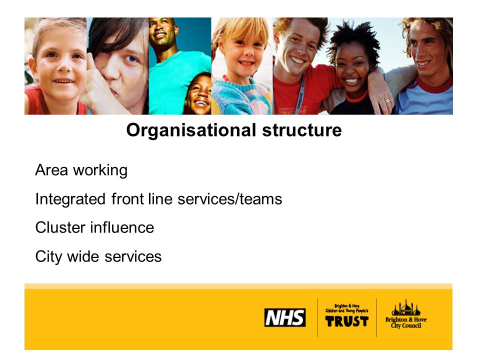 Organisational structure Area working Integrated front line services/teams Cluster influence City wide services