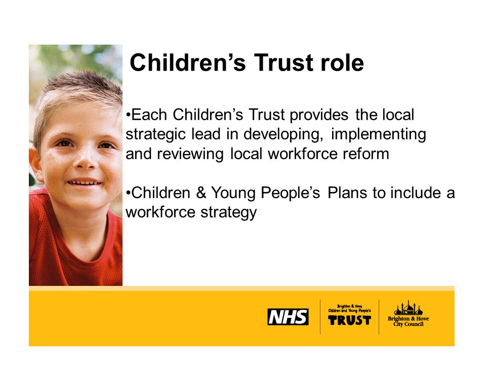 Children’s Trust role Each Children’s Trust provides the local strategic lead in developing, implementing and reviewing local workforce reform Children & Young People’s Plans to include a workforce strategy
