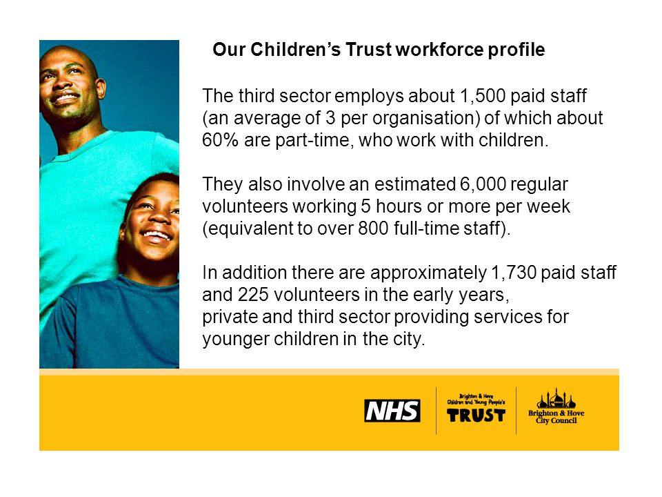 Our Children’s Trust workforce profile The third sector employs about 1,500 paid staff (an average of 3 per organisation) of which about 60% are part-time, who work with children.