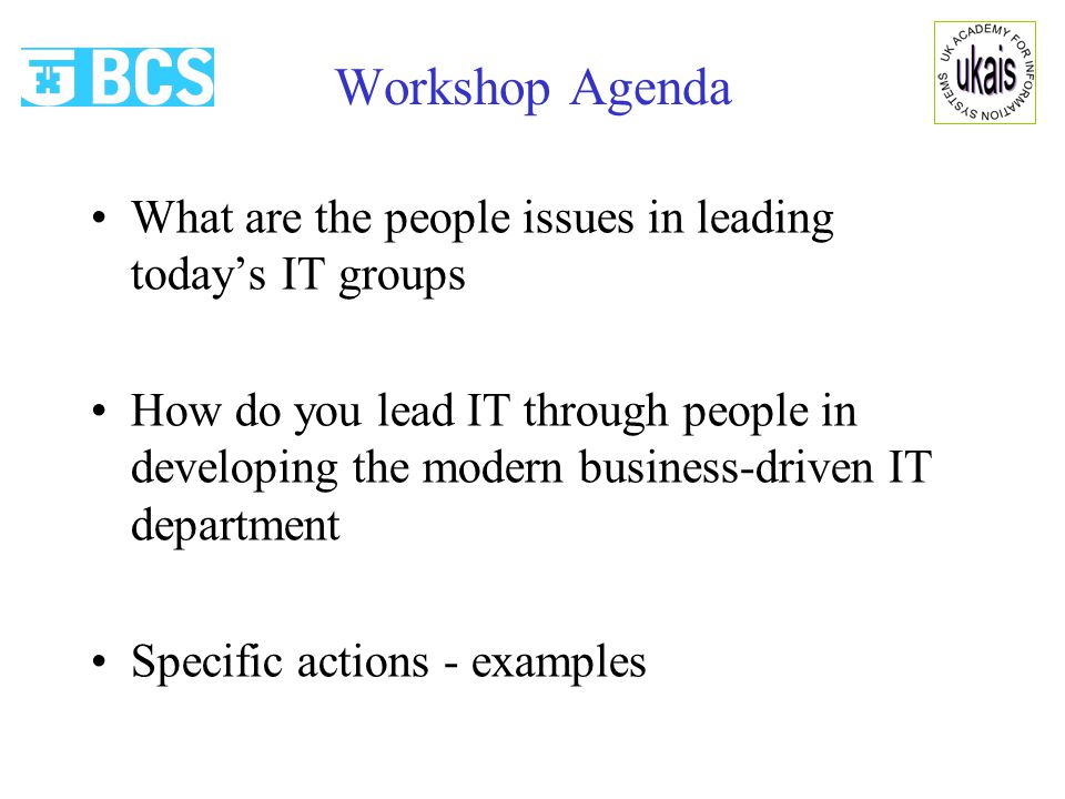 Workshop Agenda What are the people issues in leading today’s IT groups How do you lead IT through people in developing the modern business-driven IT department Specific actions - examples