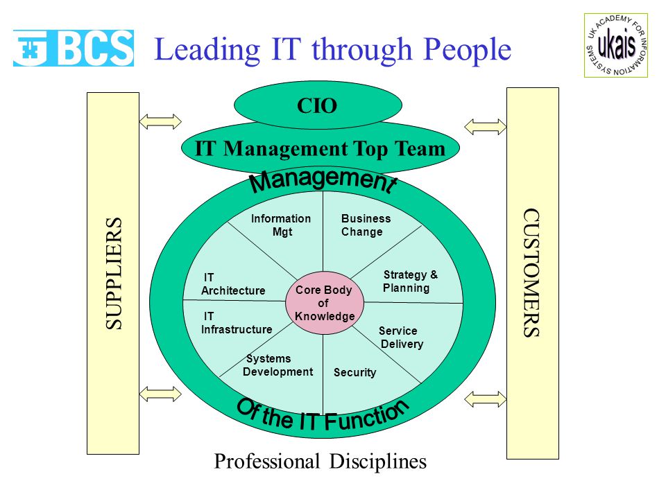 Professional Disciplines IT Management Top Team CIO SUPPLIERS CUSTOMERS Leading IT through People Core Body of Knowledge Core Body of Knowledge Business Change Strategy & Planning Service Delivery Security Systems Development IT Infrastructure IT Architecture Information Mgt