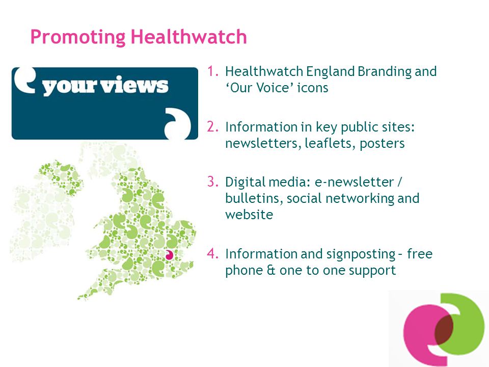 Promoting Healthwatch 1. Healthwatch England Branding and ‘Our Voice’ icons 2.