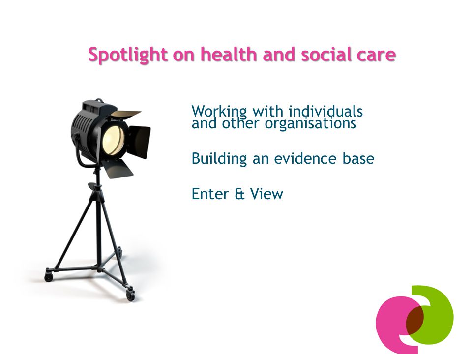 Spotlight on health and social care Working with individuals and other organisations Building an evidence base Enter & View
