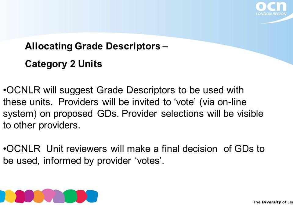 Allocating Grade Descriptors – Category 2 Units OCNLR will suggest Grade Descriptors to be used with these units.