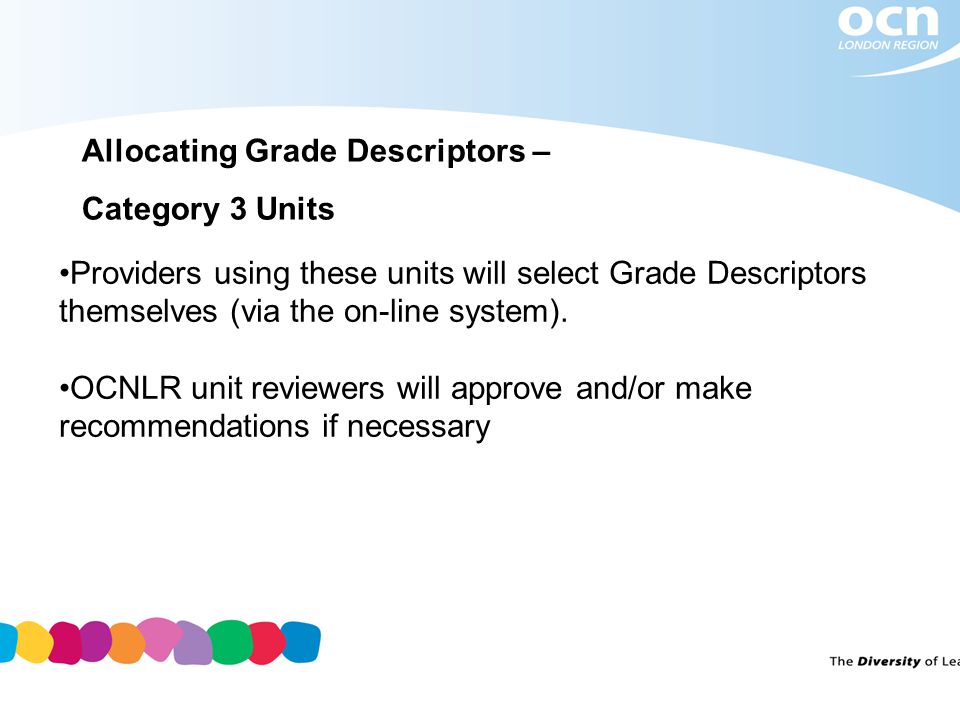 Allocating Grade Descriptors – Category 3 Units Providers using these units will select Grade Descriptors themselves (via the on-line system).
