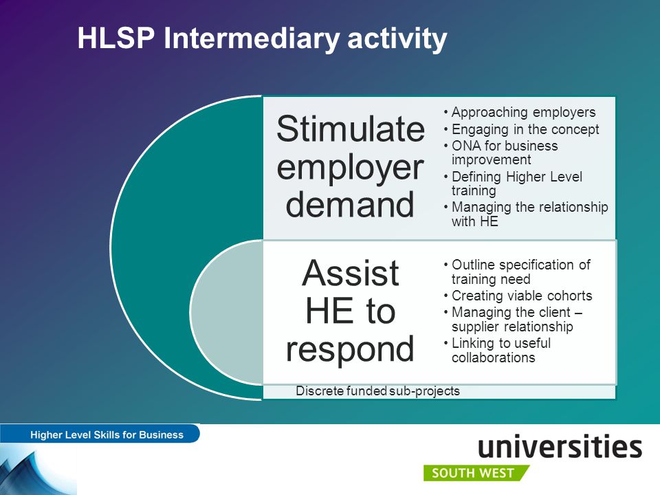 HLSP Intermediary activity Stimulate employer demand Assist HE to respond Approaching employers Engaging in the concept ONA for business improvement Defining Higher Level training Managing the relationship with HE Outline specification of training need Creating viable cohorts Managing the client – supplier relationship Linking to useful collaborations Discrete funded sub-projects