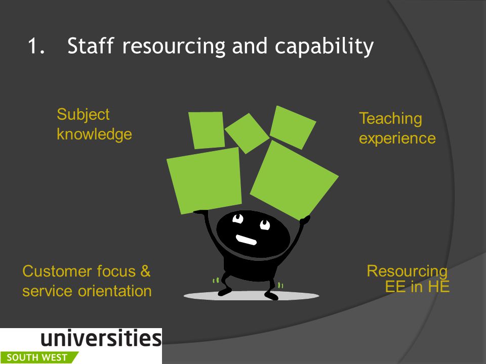 1.Staff resourcing and capability Subject knowledge Teaching experience Customer focus & service orientation Resourcing EE in HE