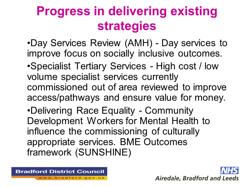 Progress in delivering existing strategies Day Services Review (AMH) - Day services to improve focus on socially inclusive outcomes.