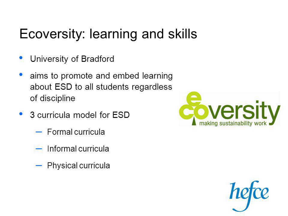 University of Bradford aims to promote and embed learning about ESD to all students regardless of discipline 3 curricula model for ESD – Formal curricula – Informal curricula – Physical curricula Ecoversity: learning and skills