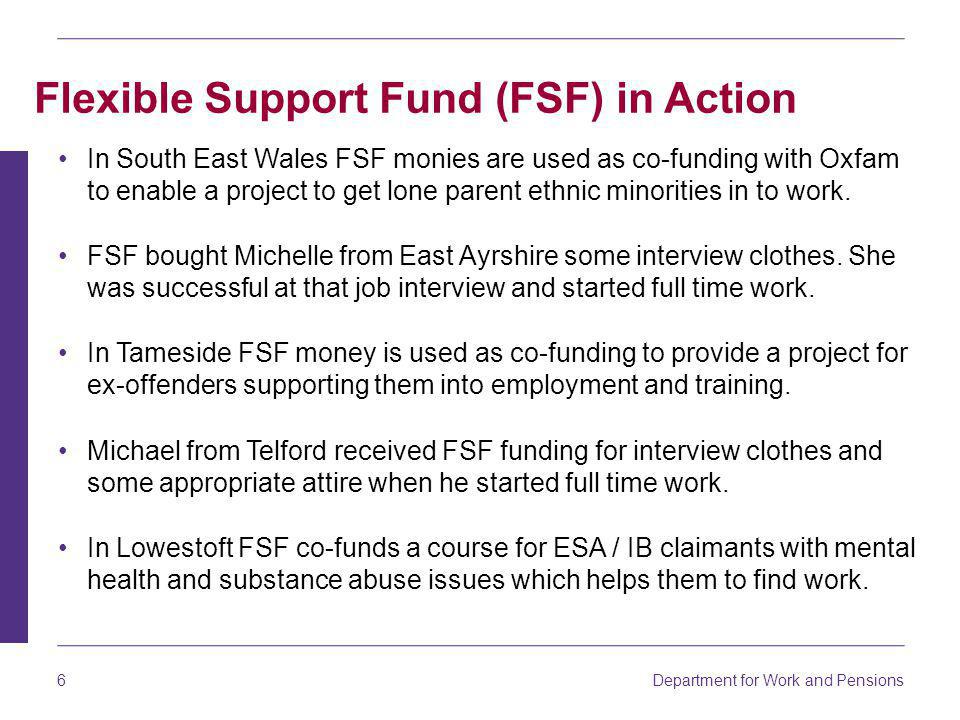 Department for Work and Pensions 6 In South East Wales FSF monies are used as co-funding with Oxfam to enable a project to get lone parent ethnic minorities in to work.