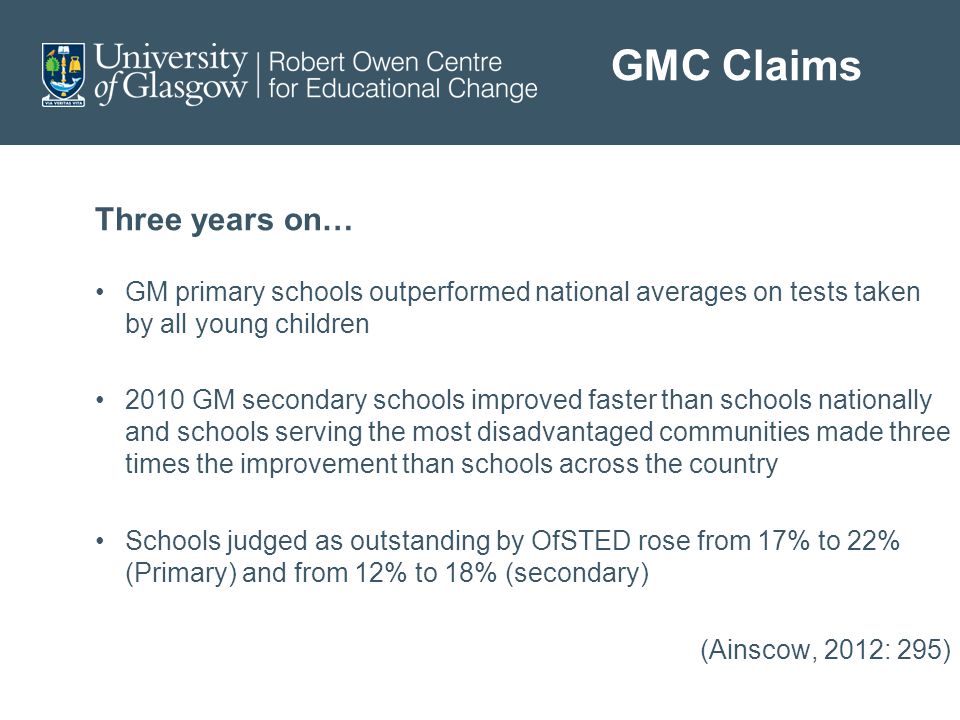 GMC Claims Three years on… GM primary schools outperformed national averages on tests taken by all young children 2010 GM secondary schools improved faster than schools nationally and schools serving the most disadvantaged communities made three times the improvement than schools across the country Schools judged as outstanding by OfSTED rose from 17% to 22% (Primary) and from 12% to 18% (secondary) (Ainscow, 2012: 295)