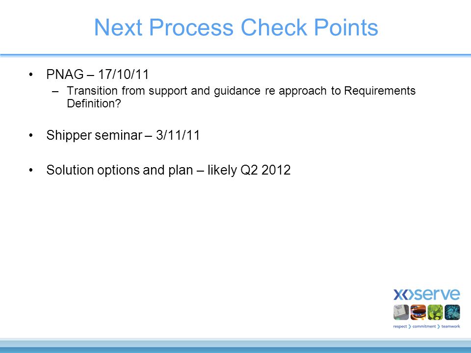 Next Process Check Points PNAG – 17/10/11 –Transition from support and guidance re approach to Requirements Definition.