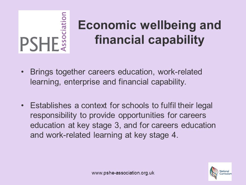 Economic wellbeing and financial capability Brings together careers education, work-related learning, enterprise and financial capability.