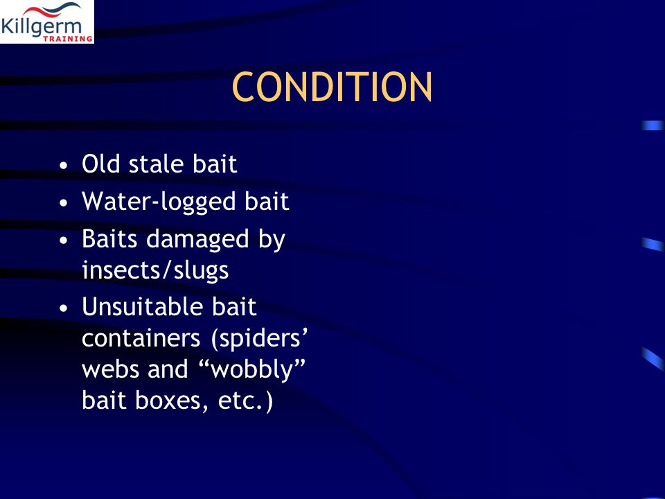 CONDITION Old stale bait Water-logged bait Baits damaged by insects/slugs Unsuitable bait containers (spiders’ webs and wobbly bait boxes, etc.)