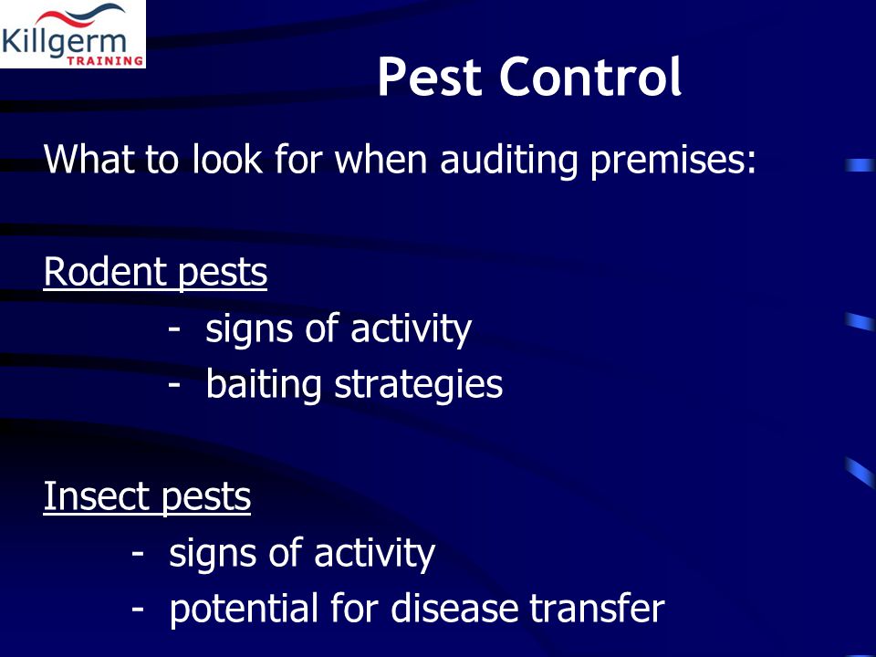Pest Control What to look for when auditing premises: Rodent pests - signs of activity - baiting strategies Insect pests - signs of activity - potential for disease transfer