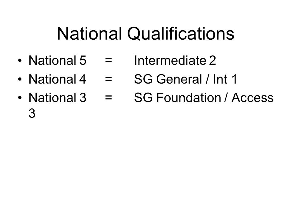 National Qualifications National 5=Intermediate 2 National 4= SG General / Int 1 National 3=SG Foundation / Access 3