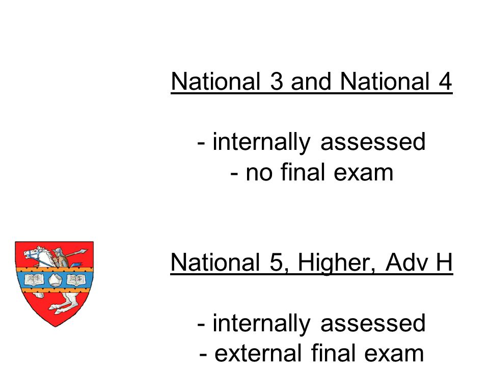 National 3 and National 4 - internally assessed - no final exam National 5, Higher, Adv H - internally assessed - external final exam How are they assessed