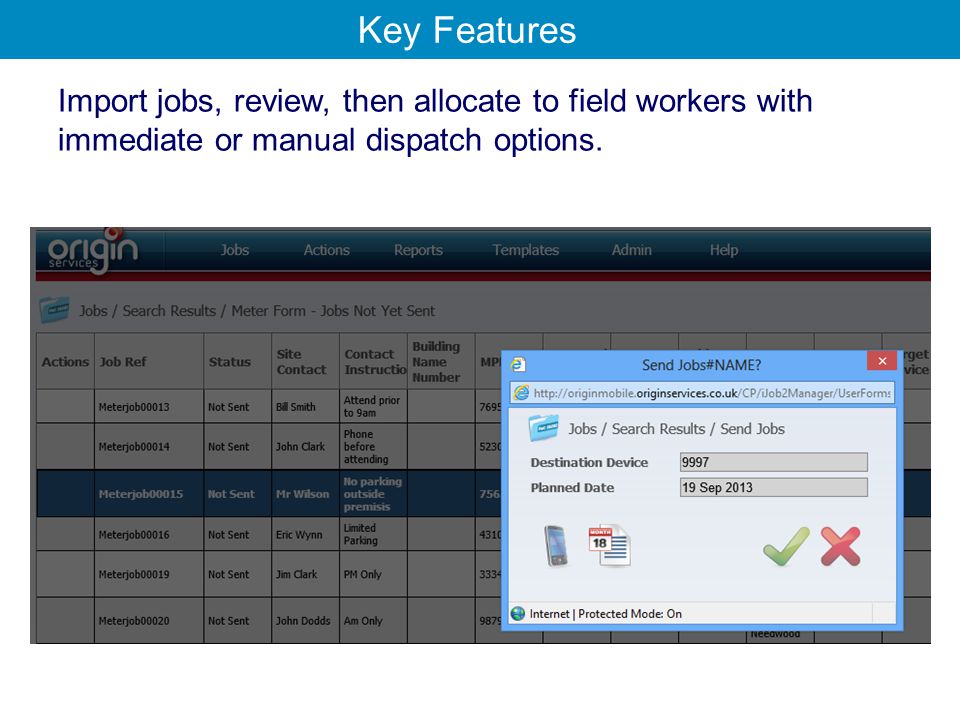 Import jobs, review, then allocate to field workers with immediate or manual dispatch options.
