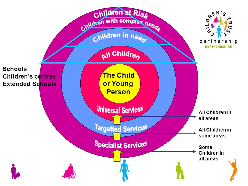 The Child or Young Person All Children in all areas All Children in some areas Some Children in all areas Schools Children’s centres Extended Schools