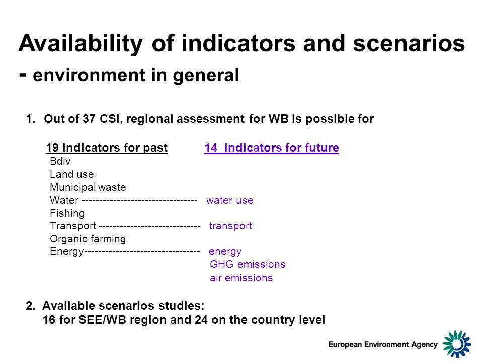 1.Out of 37 CSI, regional assessment for WB is possible for 19 indicators for past 14 indicators for future Bdiv Land use Municipal waste Water water use Fishing Transport transport Organic farming Energy energy GHG emissions air emissions 2.