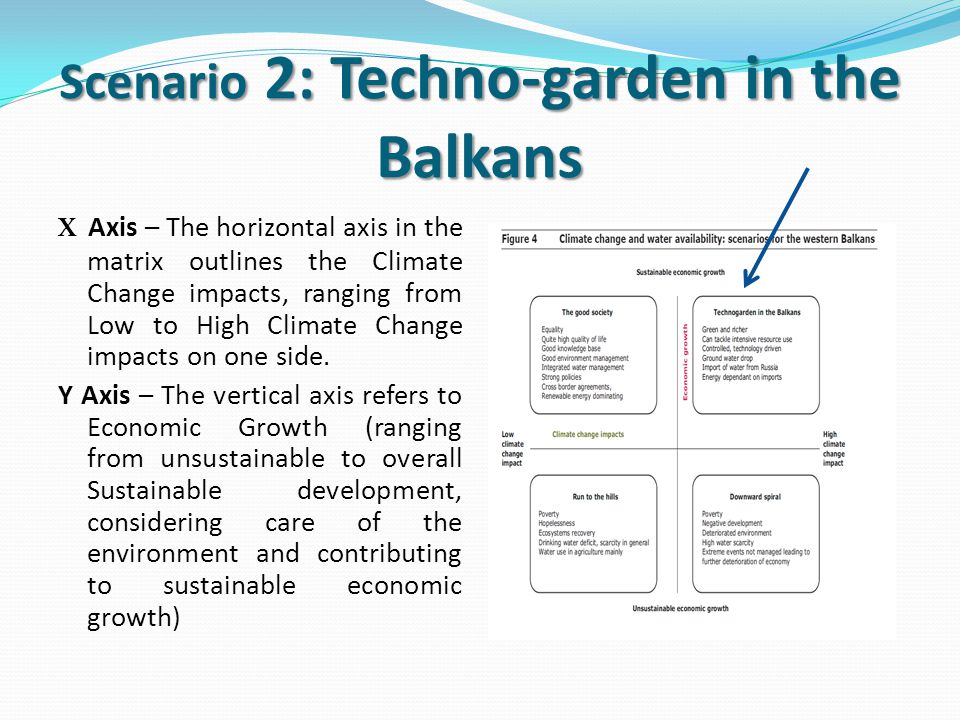 Scenario 2: Techno-garden in the Balkans X Axis – The horizontal axis in the matrix outlines the Climate Change impacts, ranging from Low to High Climate Change impacts on one side.