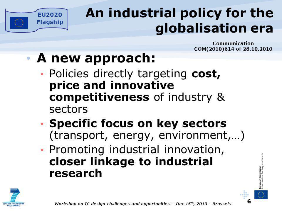 6 Workshop on IC design challenges and opportunities – Dec 15 th, Brussels An industrial policy for the globalisation era EU2020 Flagship A new approach: Policies directly targeting cost, price and innovative competitiveness of industry & sectors Specific focus on key sectors (transport, energy, environment,…) Promoting industrial innovation, closer linkage to industrial research Communication COM(2010)614 of