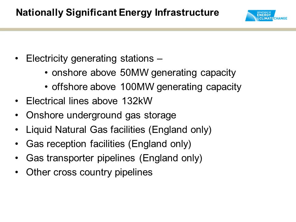 Nationally Significant Energy Infrastructure Electricity generating stations – onshore above 50MW generating capacity offshore above 100MW generating capacity Electrical lines above 132kW Onshore underground gas storage Liquid Natural Gas facilities (England only) Gas reception facilities (England only) Gas transporter pipelines (England only) Other cross country pipelines