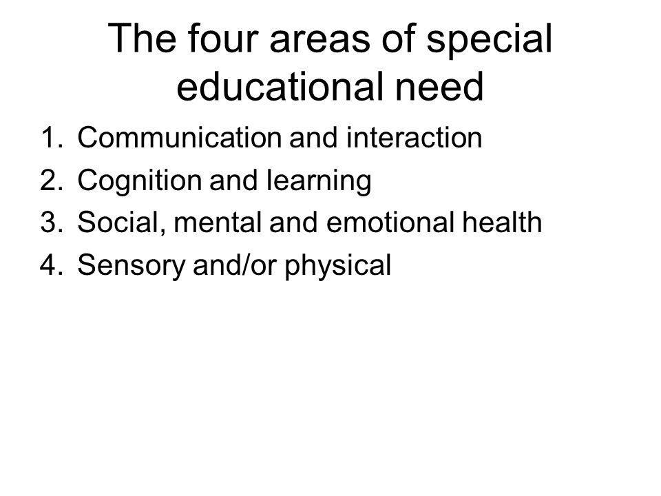 The four areas of special educational need 1.Communication and interaction 2.Cognition and learning 3.Social, mental and emotional health 4.Sensory and/or physical