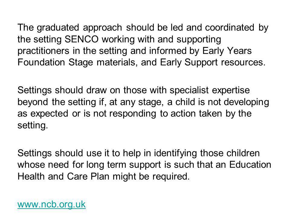 The graduated approach should be led and coordinated by the setting SENCO working with and supporting practitioners in the setting and informed by Early Years Foundation Stage materials, and Early Support resources.