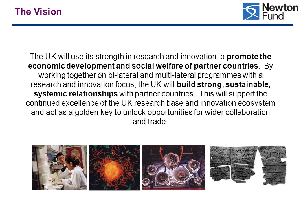 The Vision The UK will use its strength in research and innovation to promote the economic development and social welfare of partner countries.
