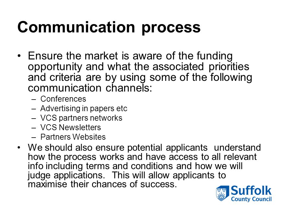 Communication process Ensure the market is aware of the funding opportunity and what the associated priorities and criteria are by using some of the following communication channels: –Conferences –Advertising in papers etc –VCS partners networks –VCS Newsletters –Partners Websites We should also ensure potential applicants understand how the process works and have access to all relevant info including terms and conditions and how we will judge applications.