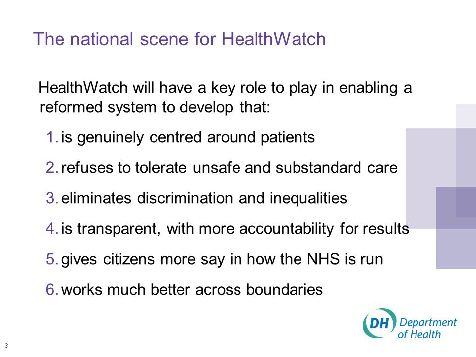 3 The national scene for HealthWatch HealthWatch will have a key role to play in enabling a reformed system to develop that: 1.is genuinely centred around patients 2.refuses to tolerate unsafe and substandard care 3.eliminates discrimination and inequalities 4.is transparent, with more accountability for results 5.gives citizens more say in how the NHS is run 6.works much better across boundaries