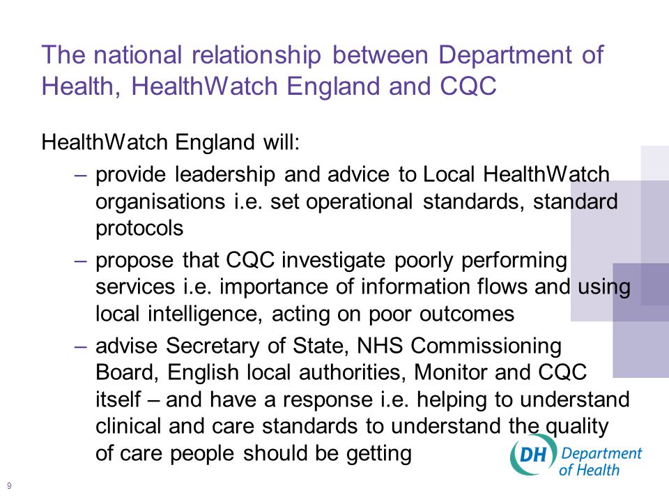 9 HealthWatch England will: –provide leadership and advice to Local HealthWatch organisations i.e.