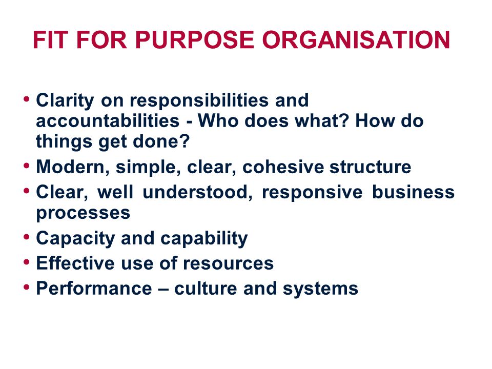 FIT FOR PURPOSE ORGANISATION Clarity on responsibilities and accountabilities - Who does what.