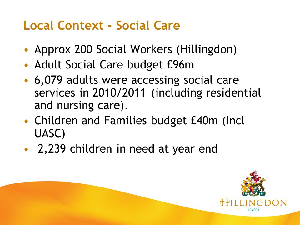 Local Context - Social Care Approx 200 Social Workers (Hillingdon) Adult Social Care budget £96m 6,079 adults were accessing social care services in 2010/2011 (including residential and nursing care).