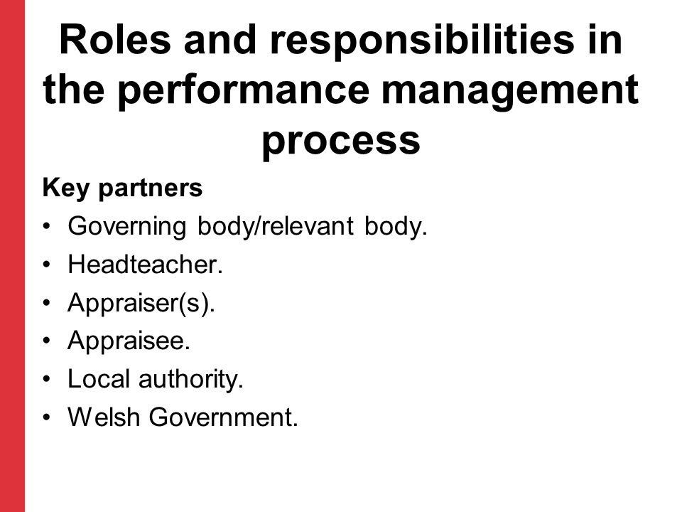 Roles and responsibilities in the performance management process Key partners Governing body/relevant body.