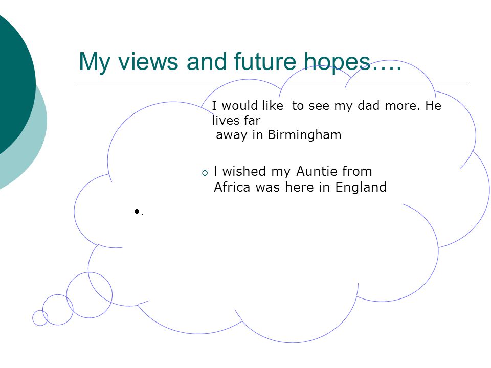 My views and future hopes….  l wished my Auntie from Africa was here in England.