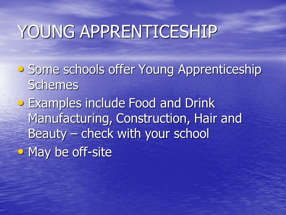 YOUNG APPRENTICESHIP Some schools offer Young Apprenticeship Schemes Some schools offer Young Apprenticeship Schemes Examples include Food and Drink Manufacturing, Construction, Hair and Beauty – check with your school Examples include Food and Drink Manufacturing, Construction, Hair and Beauty – check with your school May be off-site May be off-site