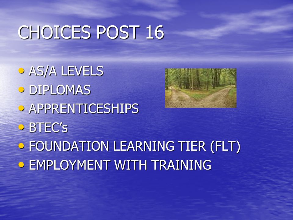 CHOICES POST 16 AS/A LEVELS AS/A LEVELS DIPLOMAS DIPLOMAS APPRENTICESHIPS APPRENTICESHIPS BTEC’s BTEC’s FOUNDATION LEARNING TIER (FLT) FOUNDATION LEARNING TIER (FLT) EMPLOYMENT WITH TRAINING EMPLOYMENT WITH TRAINING