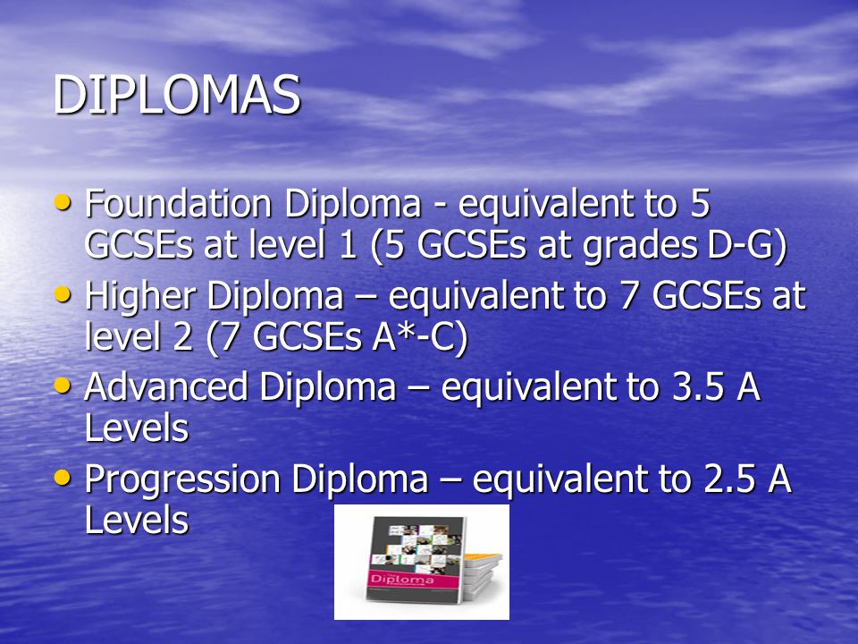 DIPLOMAS Foundation Diploma - equivalent to 5 GCSEs at level 1 (5 GCSEs at grades D-G) Foundation Diploma - equivalent to 5 GCSEs at level 1 (5 GCSEs at grades D-G) Higher Diploma – equivalent to 7 GCSEs at level 2 (7 GCSEs A*-C) Higher Diploma – equivalent to 7 GCSEs at level 2 (7 GCSEs A*-C) Advanced Diploma – equivalent to 3.5 A Levels Advanced Diploma – equivalent to 3.5 A Levels Progression Diploma – equivalent to 2.5 A Levels Progression Diploma – equivalent to 2.5 A Levels