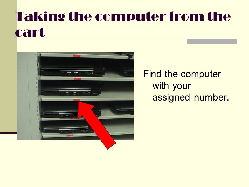 Taking the computer from the cart Find the computer with your assigned number.